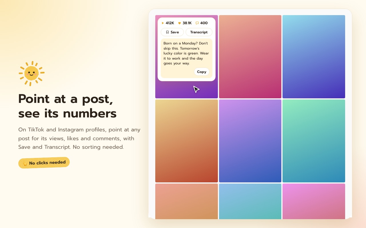 Point at a post to see its numbers, with Transcript