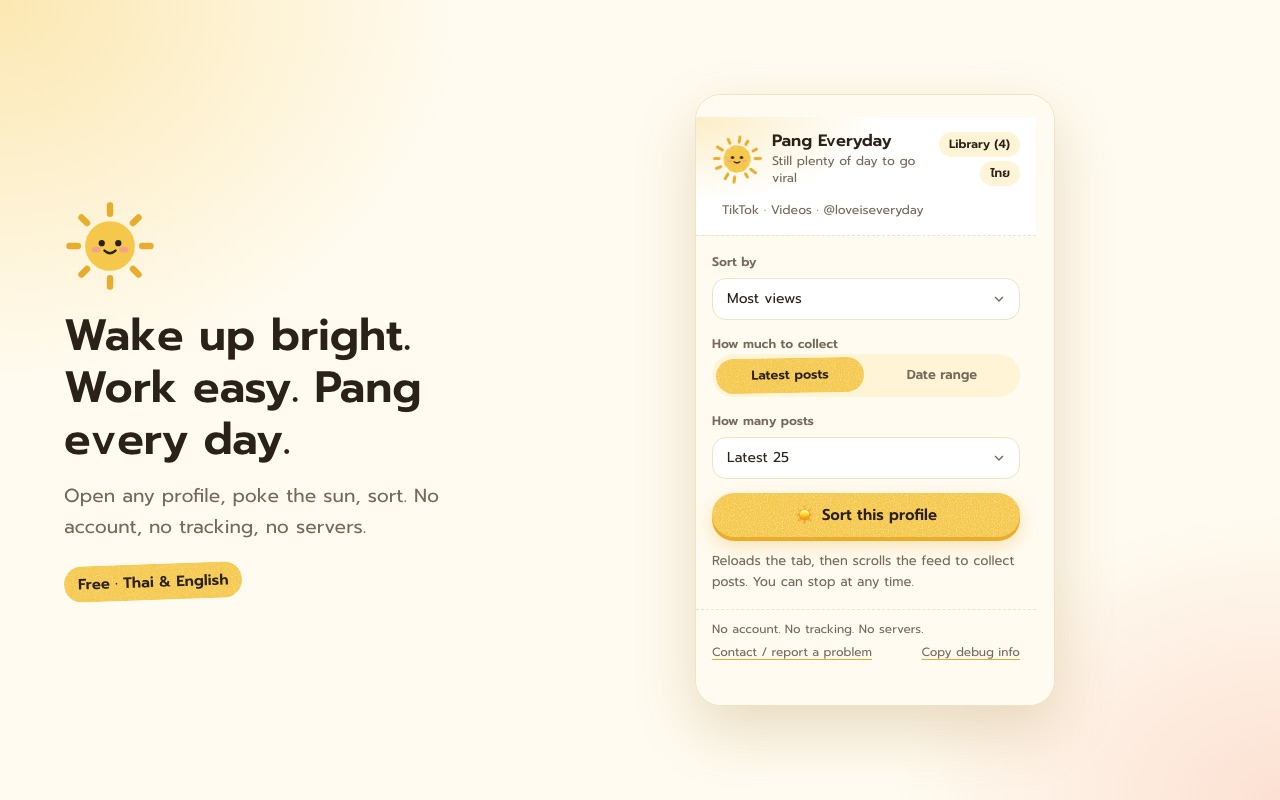 The popup, with a sun that says hi